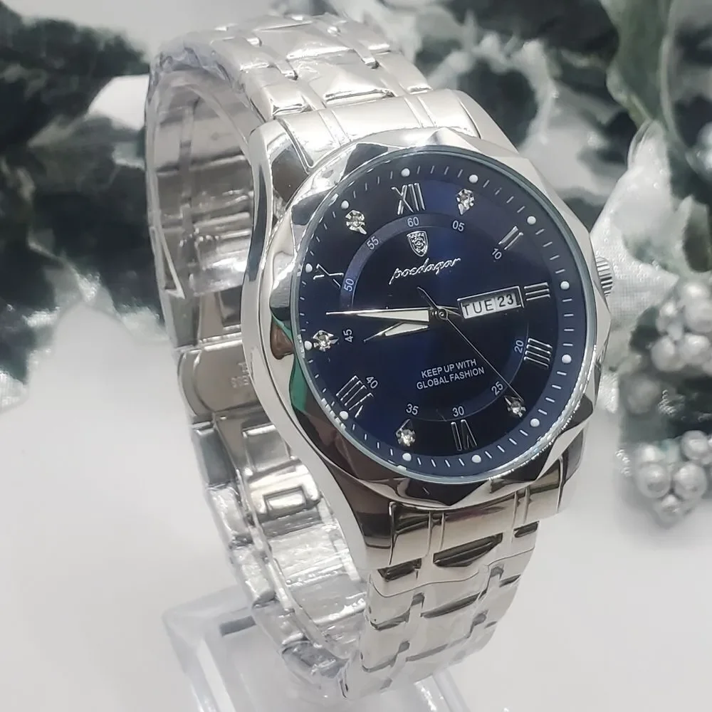 Men's Blue and Silver Poedagar Quartz Watch with Stainless Steel Ba…